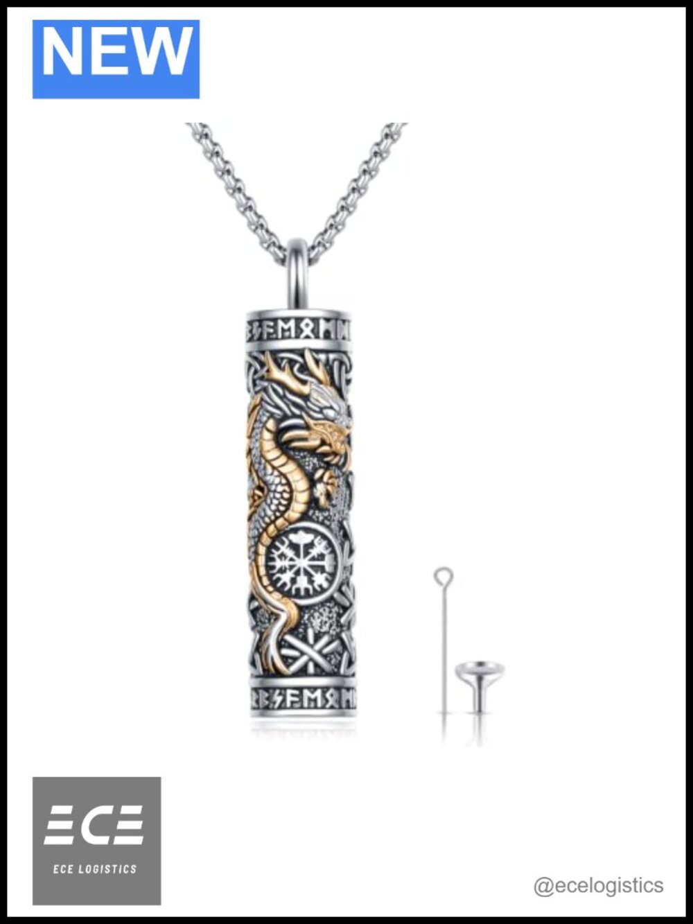 Viking Dragon Urn Necklace for Ashes Memorial Cremation Pendant Vegvisir